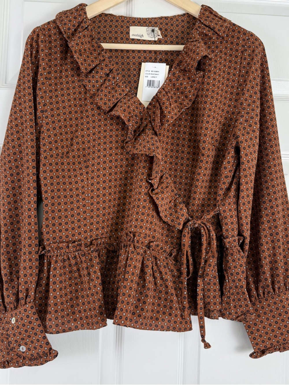 NWT Everleigh Ditzy Floral Ruffle True Wrap Blouse - Brown Large Petite